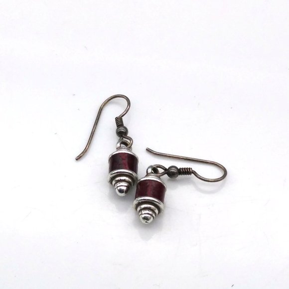 Vintage Minimalist Dangle Earrings in Silver Tone with Classic Burgundy Band - Picture 2 of 4
